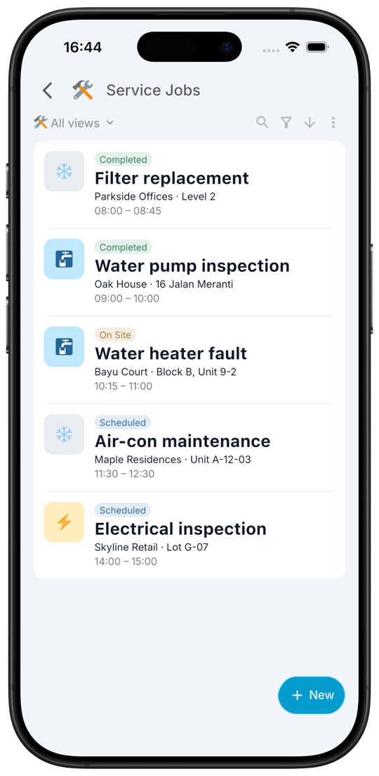 Illustrative mobile schedule with three assigned service jobs and their visit status