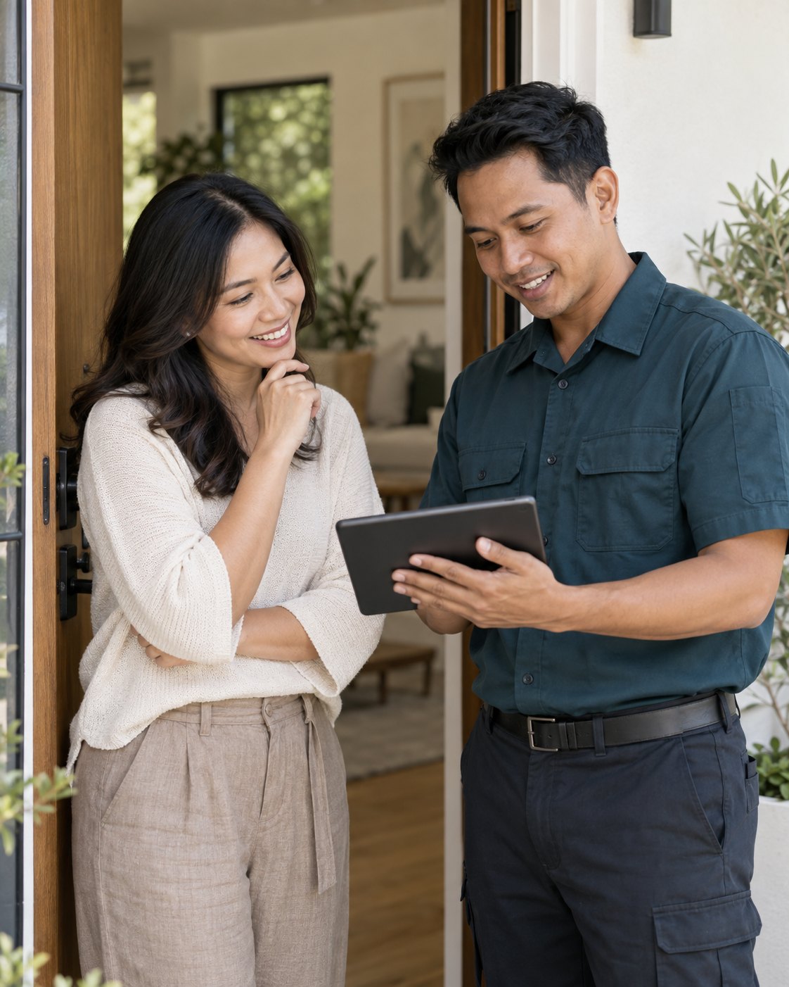 Technician and homeowner reviewing a tablet together after a service visit