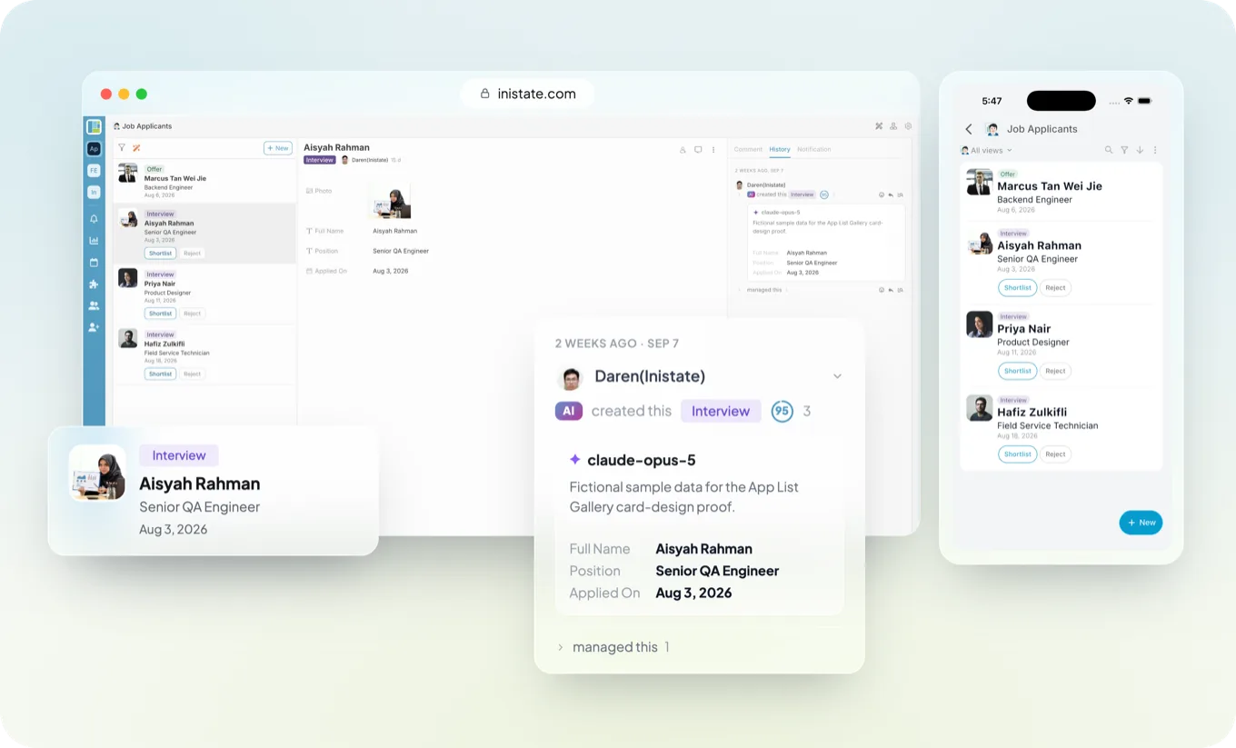 The Inistate web and mobile apps side by side, showing the same applicant record, the state it is in and the history behind it
