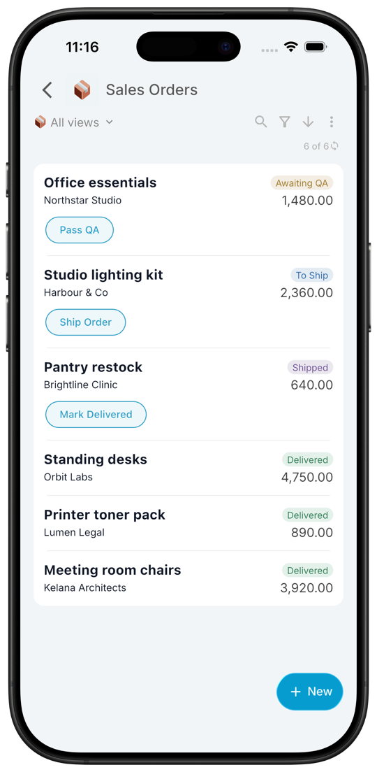 Inistate app listing six sales orders: one Awaiting QA with a Pass QA action, one To Ship with a Ship Order action, one Shipped with a Mark Delivered action, and three Delivered.